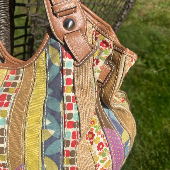 Miriam’s Fossil Patchwork Stripe Hobo 💚🧡💛Purse Bag Tote W/Leather Trim 👜 - Picture 2 of 12
